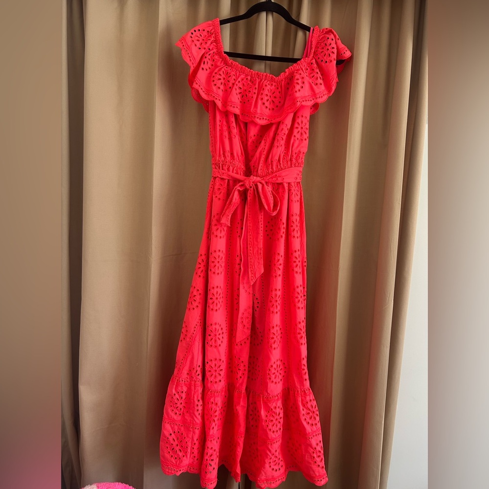 Lilly Pulitzer Liabella Off the Shoulder Coral Sunnyside Eyelet Midi Dress Sz L
